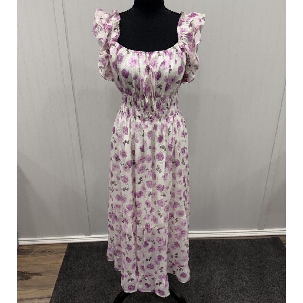 NWT Grace Karin Women's XL White/Purple Floral Smocked Garden Party Maxi Dress